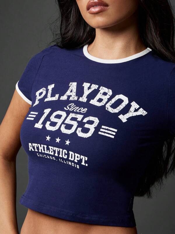 Missguided Missguided X Playboy Varsity Logo Print Crop T-Shirt With White Ringer Trim