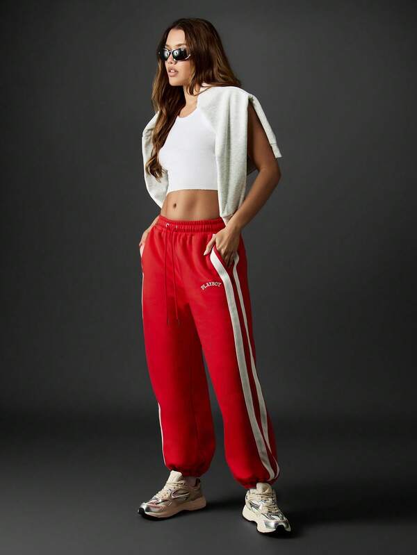 Missguided Missguided X Playboy Varsity Logo Sweatpants With Side Stripes And Elastic Cuffs