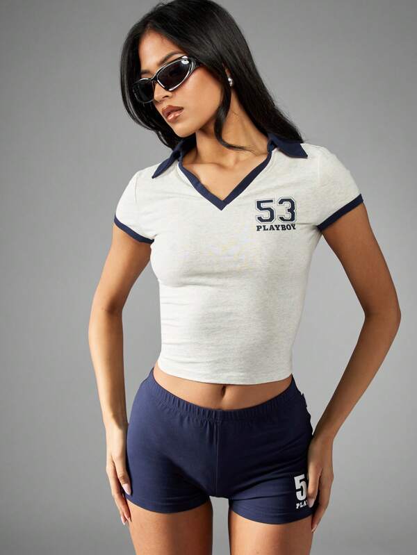 missguided Missguided x Playboy Varsity Number Cropped Collared V-Neck Short Sleeve Tshirt