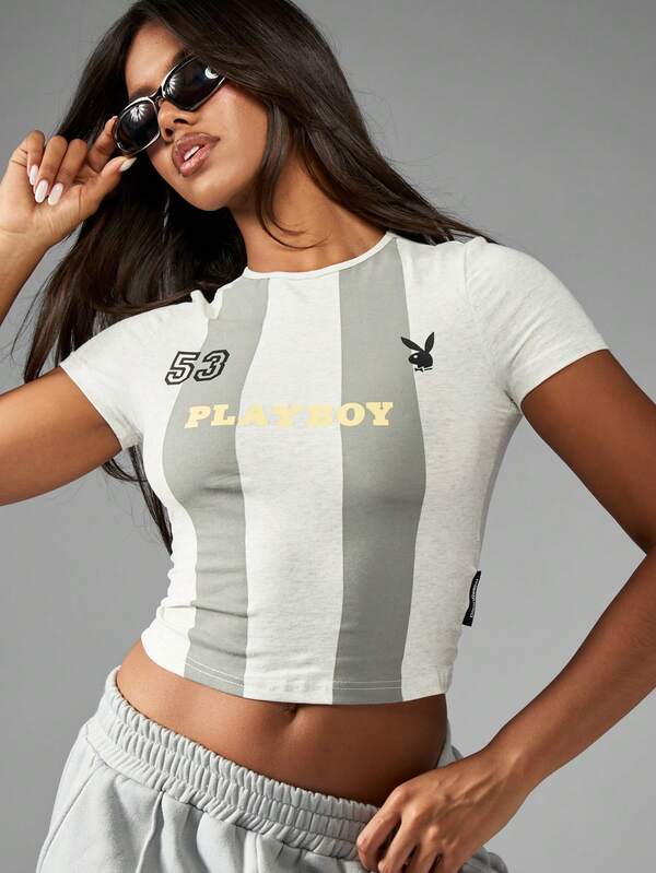 Missguided Missguided X Playboy Varsity Number Stripe Design Cropped T-Shirt