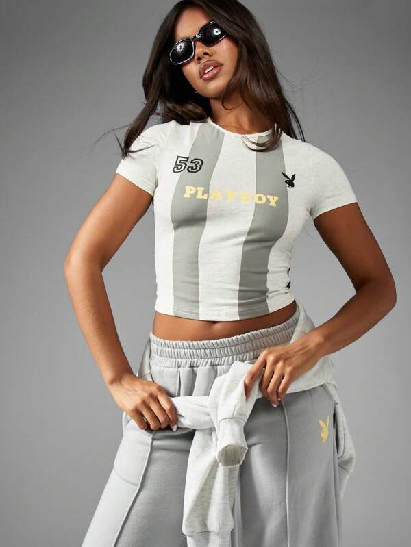 missguided Missguided x Playboy Varsity Number Stripe Design Cropped T-Shirt