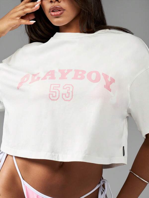 Missguided Missguided X Playboy Varsity Style Cropped Graphic Print T-Shirt