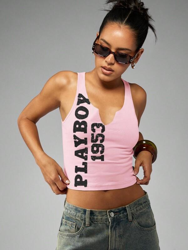 missguided Missguided x Playboy Varsity Style Tank Top With Vertical Text Print