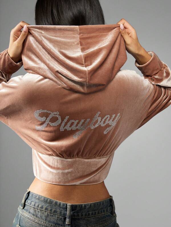 missguided Missguided x Playboy Velour Track Top Cropped Zip-Up Jacket With Hood