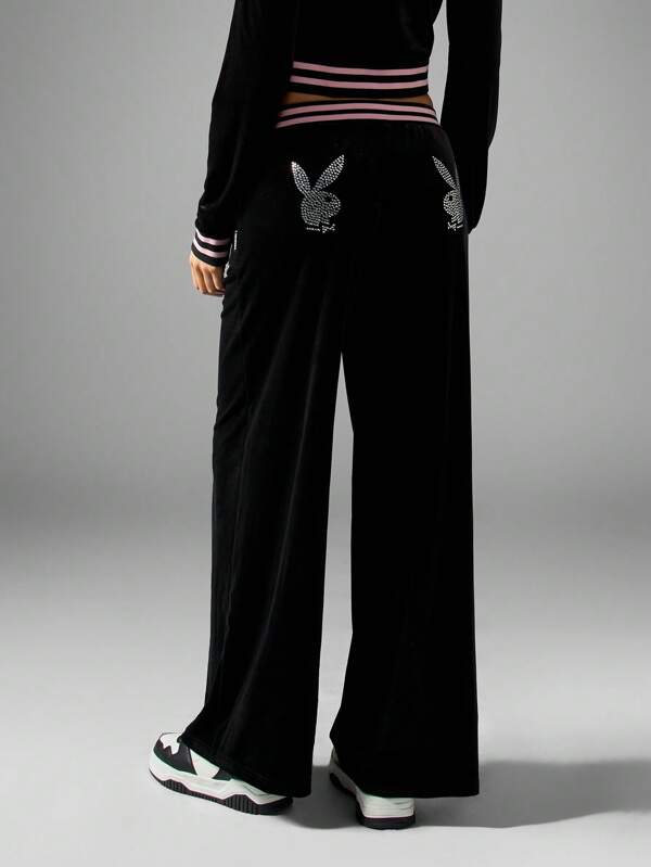 Missguided Missguided X Playboy Velour Wide Leg Drawstring Ribbed Waistband Sweatpants