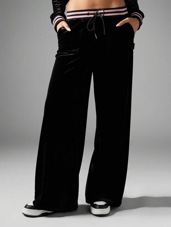 missguided Missguided x Playboy Velour Wide Leg Drawstring Ribbed Waistband Sweatpants