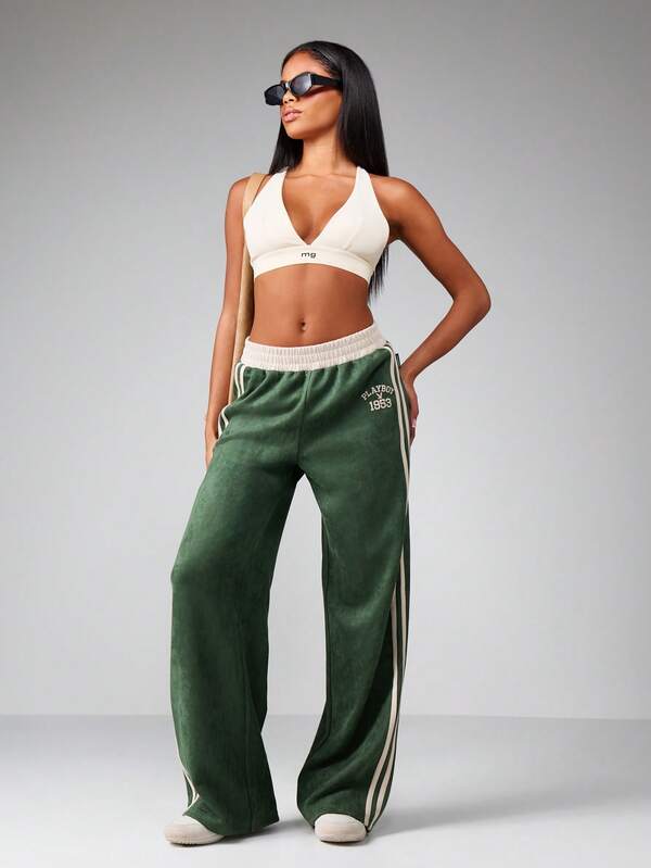Missguided Missguided X Playboy Velour Wide Leg Pants With Side Stripes