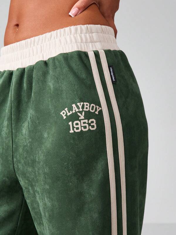 Missguided Missguided X Playboy Velour Wide Leg Pants With Side Stripes