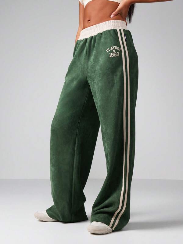 missguided Missguided x Playboy Velour Wide Leg Pants With Side Stripes missguided Missguided x Playboy Velour Wide Leg Pants With Side Stripes