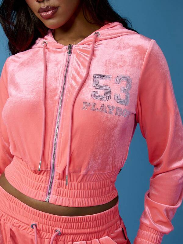 Missguided Missguided X Playboy Velvet Cropped Zip Up Hoodie Sweatshirt
