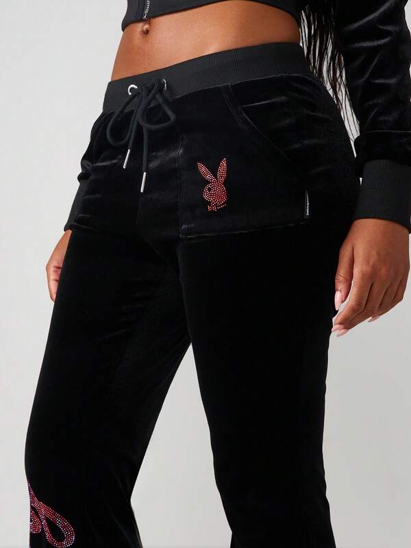 Missguided Missguided X Playboy Velvet Flare Joggers With Rhinestone Logo