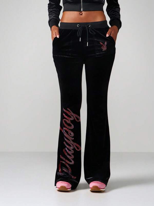 missguided Missguided x Playboy Velvet Flare Joggers With Rhinestone Logo