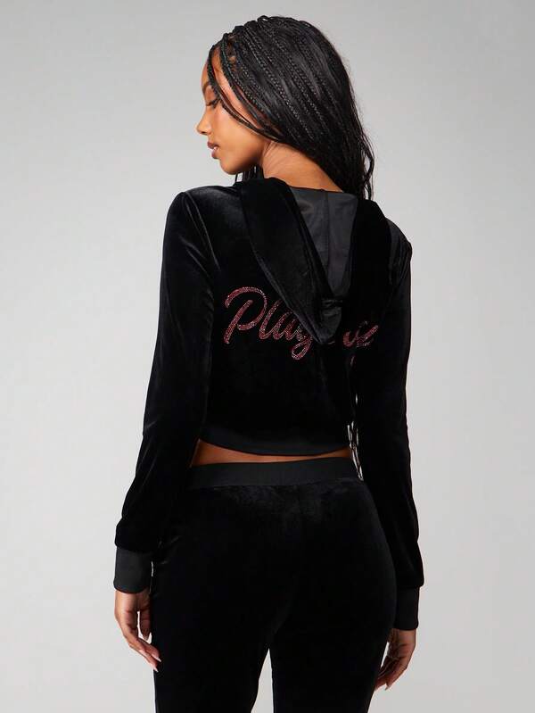 Missguided Missguided X Playboy Velvet Full-Zip Hoodie With Rhinestone Details