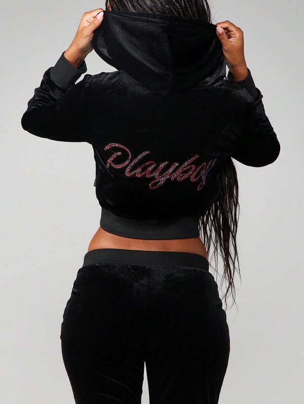 missguided Missguided x Playboy Velvet Full-Zip Hoodie With Rhinestone Details