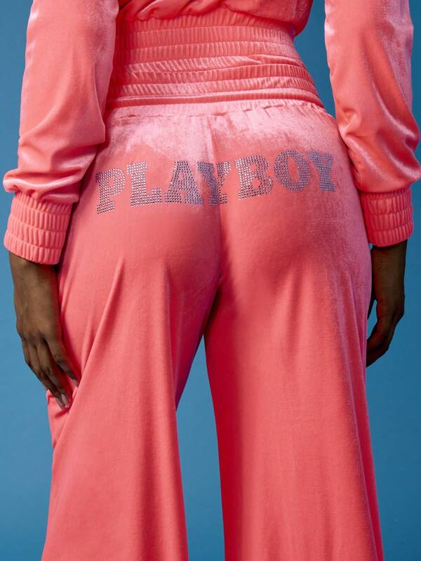 Missguided Missguided X Playboy Velvet Wide Leg Drawstring Rhinestone Logo Sweatpants