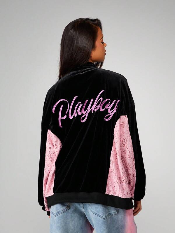 Missguided Missguided X Playboy Velvet Zip Sweatshirt With Lace Panels