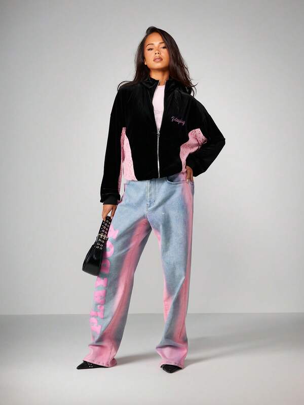 Missguided Missguided X Playboy Velvet Zip Sweatshirt With Lace Panels