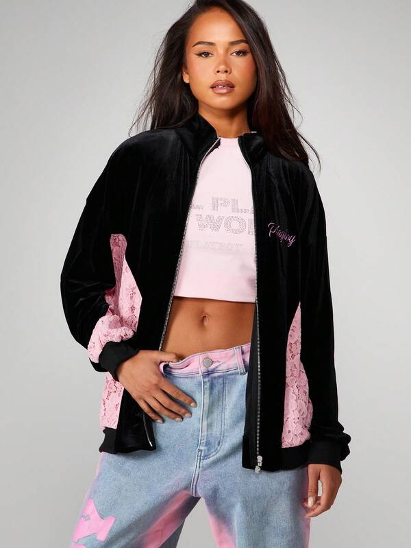 Missguided Missguided X Playboy Velvet Zip Sweatshirt With Lace Panels
