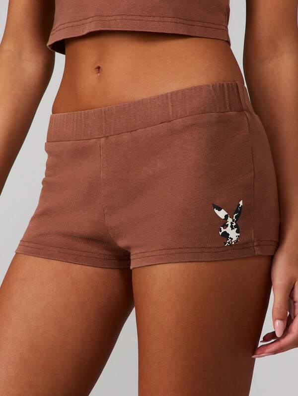 Missguided Missguided X Playboy Washed Brown Booty Shorts With Print