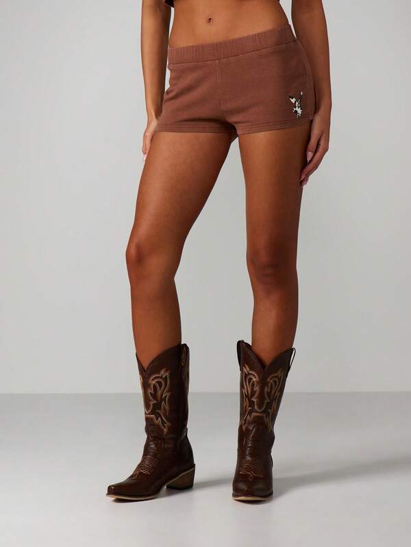 Missguided Missguided X Playboy Washed Brown Booty Shorts With Print