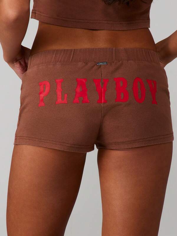 missguided Missguided x Playboy Washed Brown Booty Shorts With Print