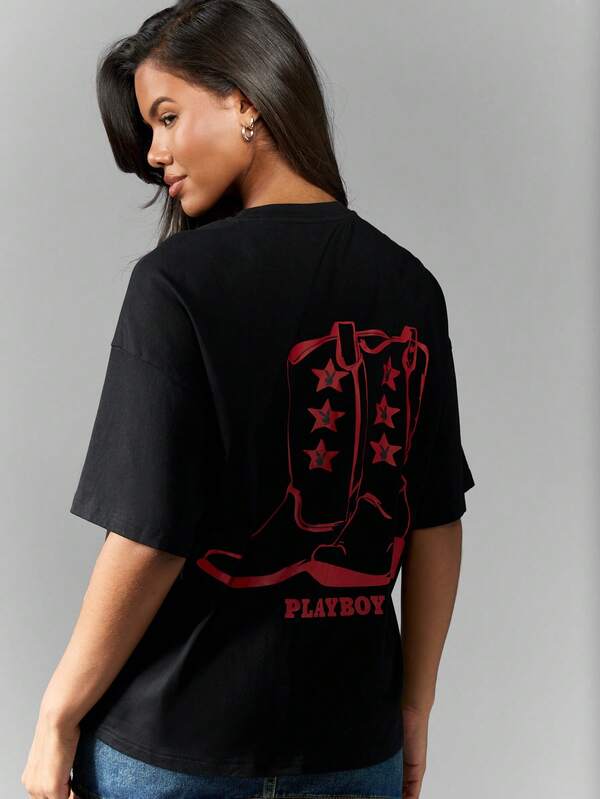 Missguided Missguided X Playboy Western Cowboy Boots Graphic Oversized Cotton T-Shirt