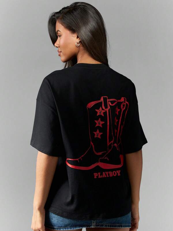 missguided Missguided x Playboy Western Cowboy Boots Graphic Oversized Cotton T-Shirt