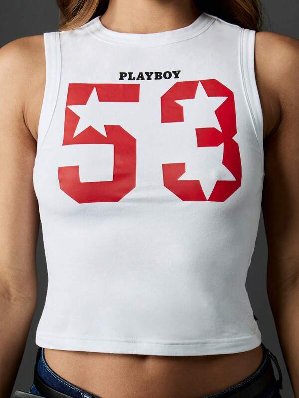 Missguided Missguided X Playboy White Athletic Cropped Tank Top With Varsity Number Print
