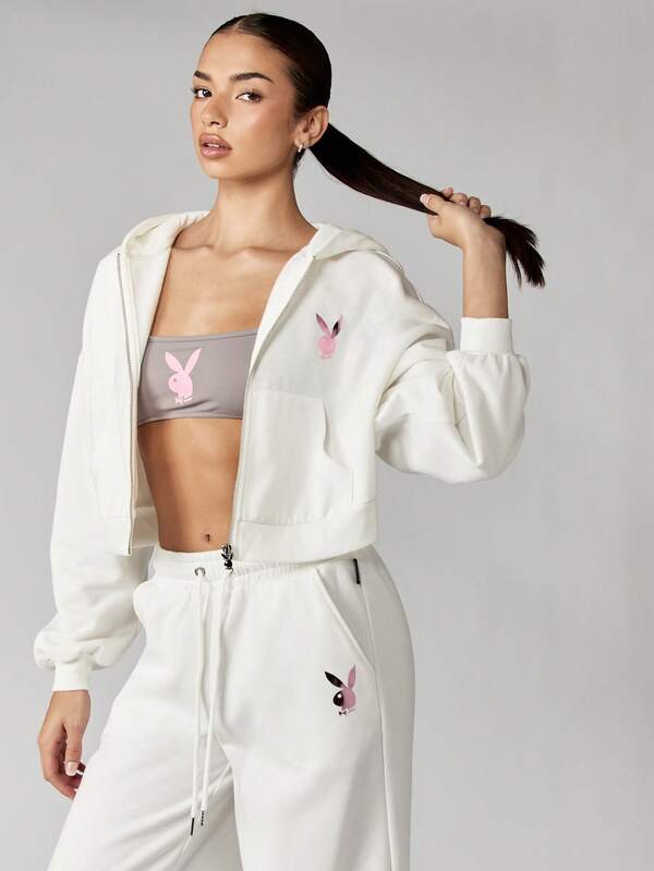 Missguided Missguided X Playboy White Cropped Hoodie With Branded Text