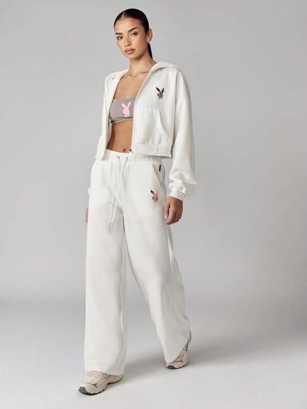 Missguided Missguided X Playboy White Cropped Hoodie With Branded Text