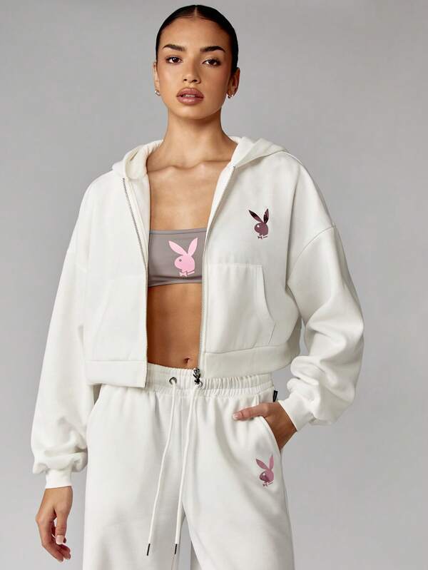 Missguided Missguided X Playboy White Cropped Hoodie With Branded Text