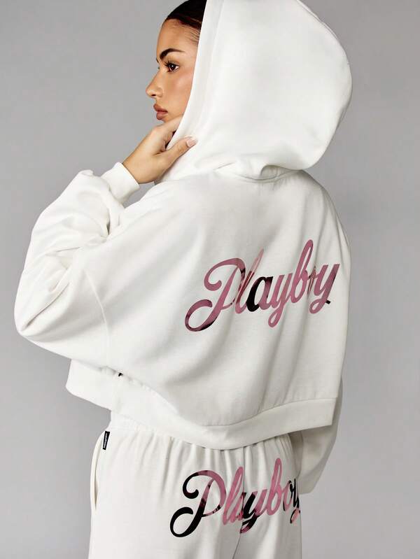 missguided Missguided x Playboy White Cropped Hoodie With Branded Text