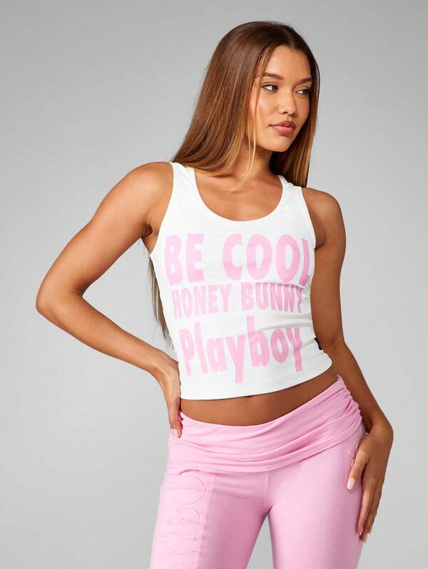 Missguided Missguided X Playboy White Cropped Tank Top With Pink Text Print
