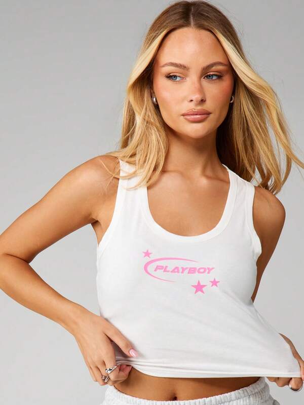 missguided Missguided x Playboy White Ribbed Crop Tank Top With Pink Logo