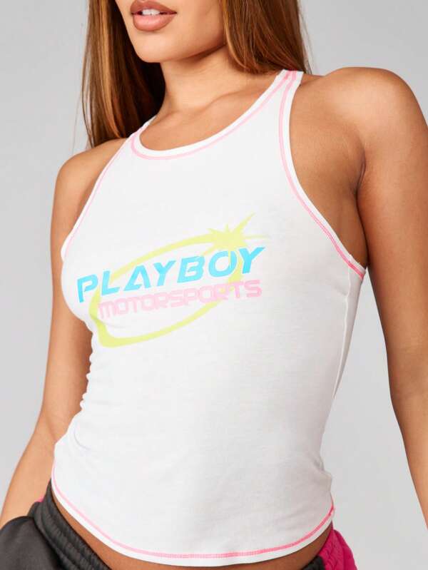 missguided Missguided x Playboy White Ribbed Tank Top With Contrast Logo Print
