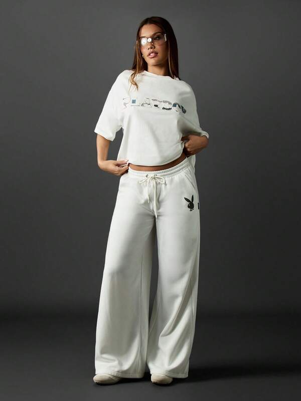 Missguided Missguided X Playboy White Wide Leg Joggers With Logo
