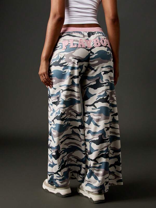 Missguided Missguided X Playboy Wide Leg Camo Print Joggers With Pink Waistband