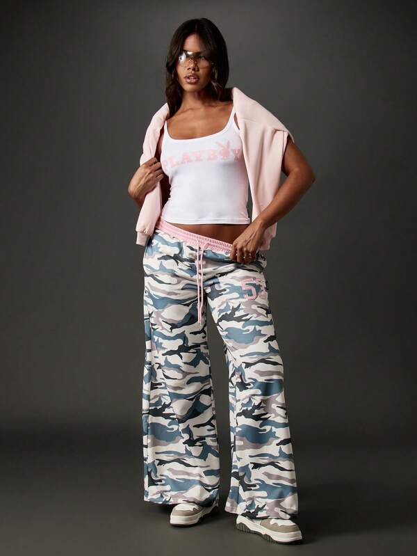 Missguided Missguided X Playboy Wide Leg Camo Print Joggers With Pink Waistband