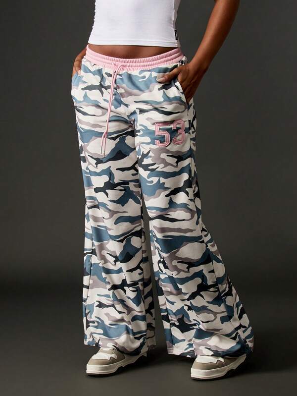 missguided Missguided x Playboy Wide Leg Camo Print Joggers With Pink Waistband