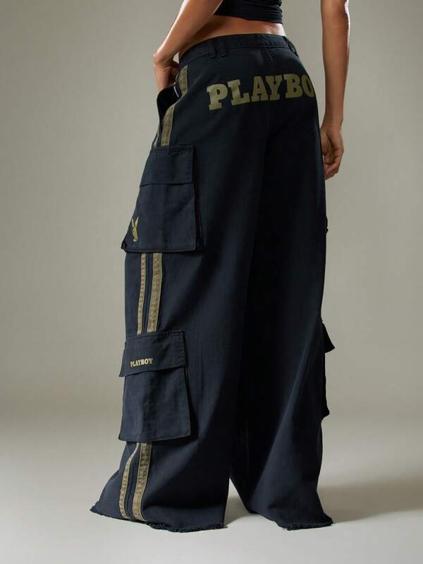 Missguided Missguided X Playboy Wide Leg Cargo Jeans With Stripe Details