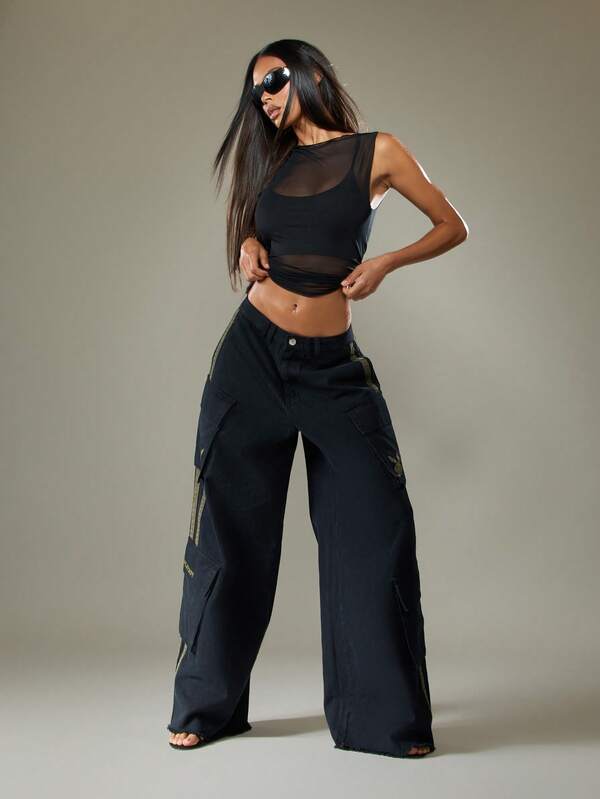 Missguided Missguided X Playboy Wide Leg Cargo Jeans With Stripe Details