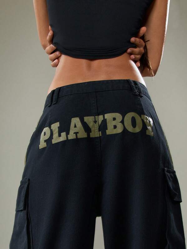 Missguided Missguided X Playboy Wide Leg Cargo Jeans With Stripe Details