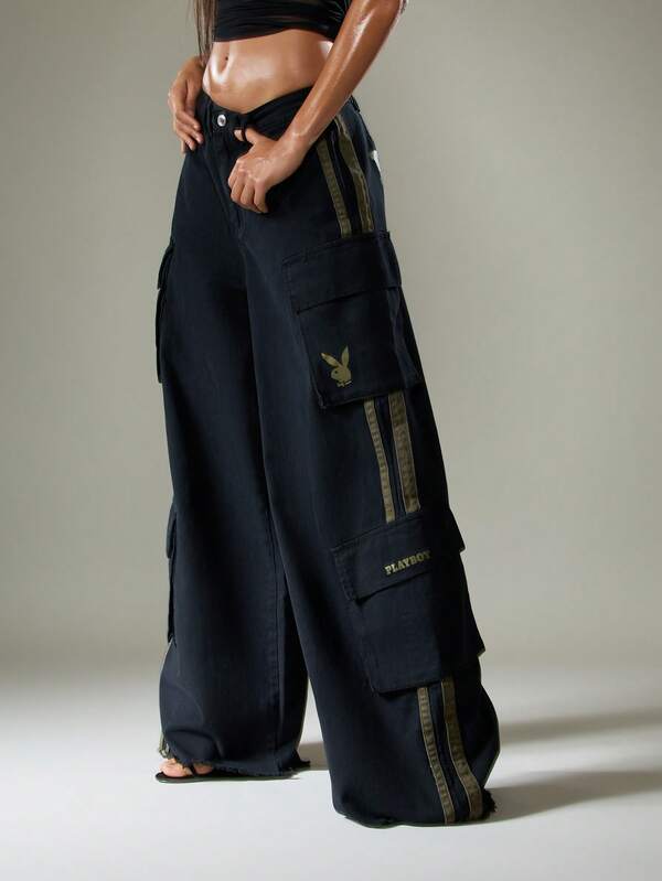 missguided Missguided x Playboy Wide Leg Cargo Jeans With Stripe Details