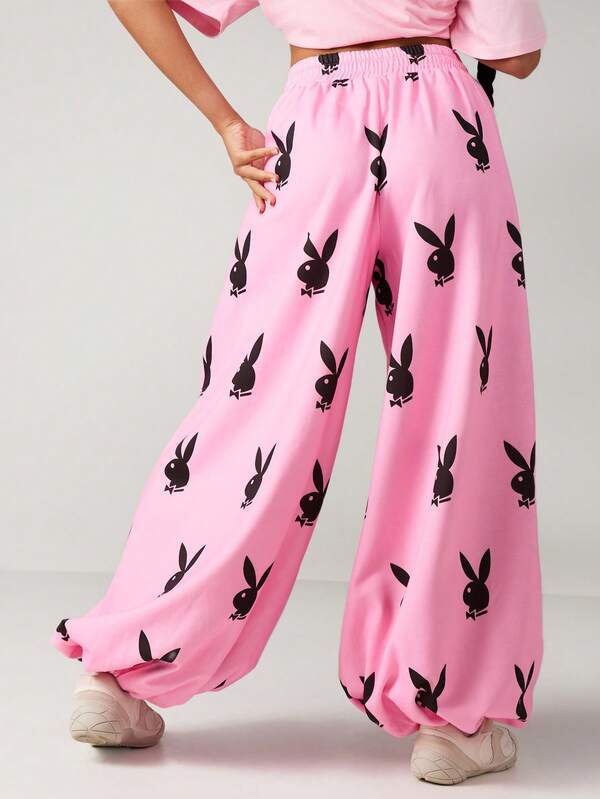 Missguided Missguided X Playboy Wide Leg Cuffed Joggers With Bunny Print