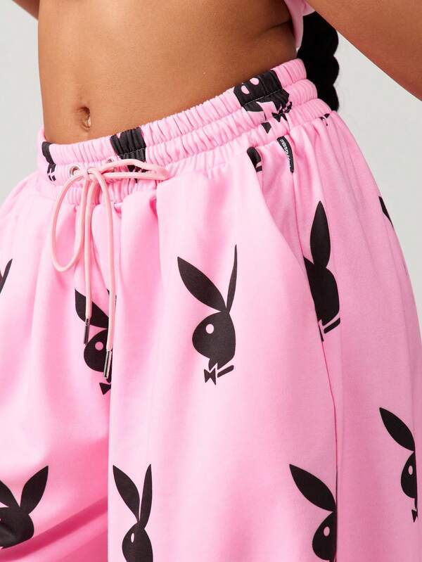 Missguided Missguided X Playboy Wide Leg Cuffed Joggers With Bunny Print
