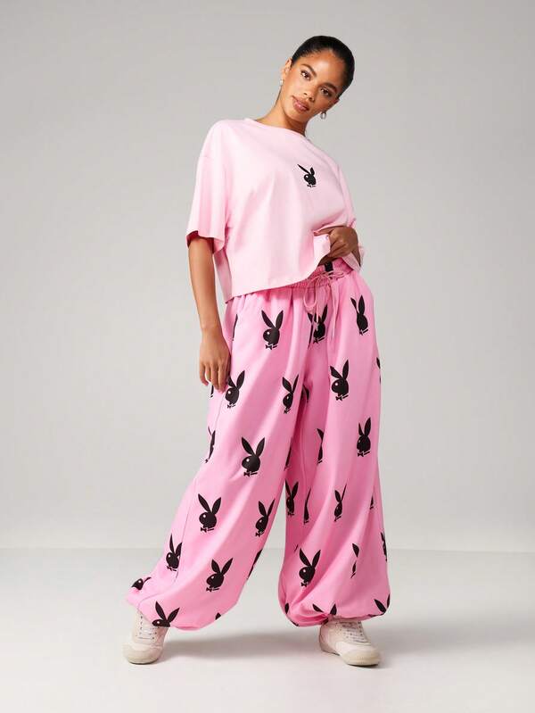 Missguided Missguided X Playboy Wide Leg Cuffed Joggers With Bunny Print