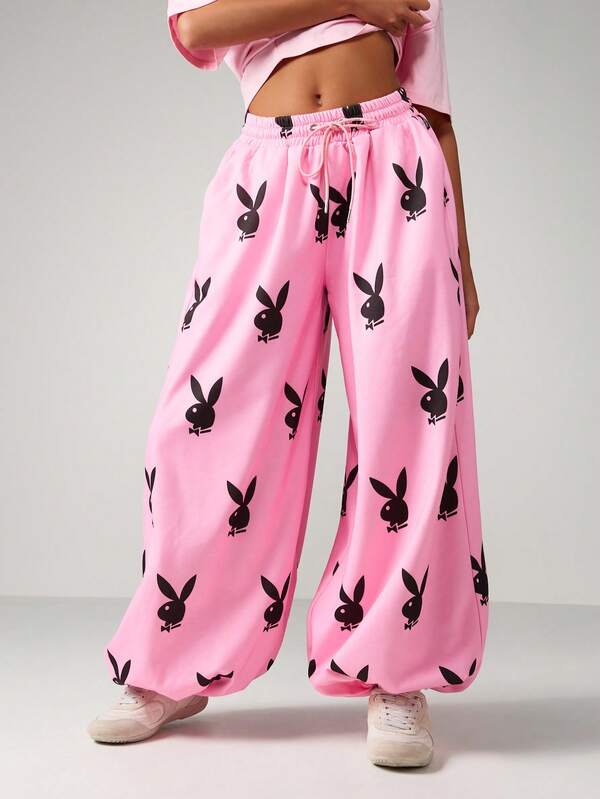 missguided Missguided x Playboy Wide Leg Cuffed Joggers With Bunny Print