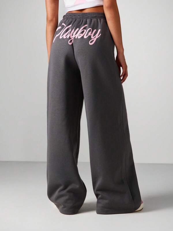 Missguided Missguided X Playboy Wide Leg Drawstring Sweatpants With Lace Stripe Detail