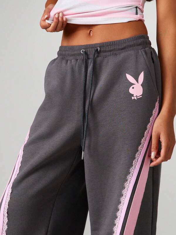 Missguided Missguided X Playboy Wide Leg Drawstring Sweatpants With Lace Stripe Detail