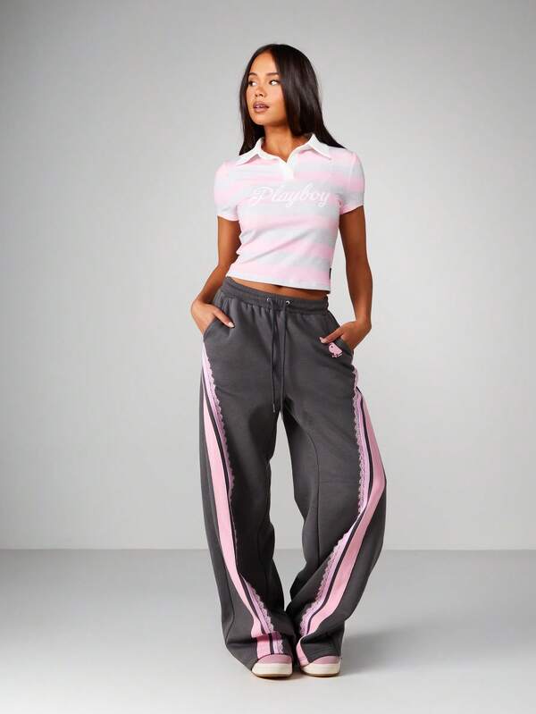 Missguided Missguided X Playboy Wide Leg Drawstring Sweatpants With Lace Stripe Detail